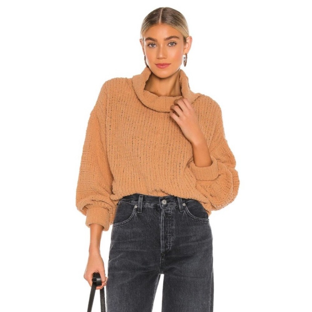 Free People Be Yours Chenille Sweater Size S Camel Oversized Balloon Sleeve EUC